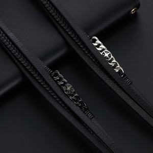 Bracelet pour homme en acier inoxydable 316l personnalisé, gravé, plaqué or 14k 18k, bracelet en cuir tressé multi-couches tendance pour homme - Product Image 3