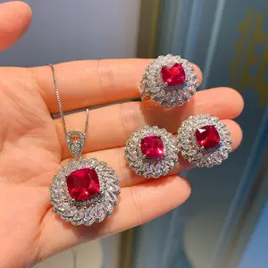 Damen schmuck Mode Turmalin Schmuck Set Full Diamond Anhänger Halskette Roter Edelstein Ohrring Feiner Ring Für Frauen Hochzeits geschenk