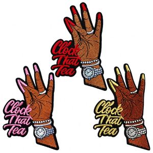 Wholesale <b>Clock</b> Hand Gesture Embroidery Patch Iron on Sew on Fashion Applique Tea Beauty Design Patch for Jackets Pants Shoes - Product Image 1