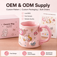 Mug en céramique rose mignon avec motif lapin en relief 3D, nœud et pêche, tasse à café créative avec poignée incurvée, cadeau pour la maison, OEM ODM, vente en gros