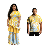 Tenues de couple créatives : Robe élégante à volants pour femme et chemise formelle pour homme, motif tribal, idéales pour les vacances, tenue de couple personnalisée et tendance.