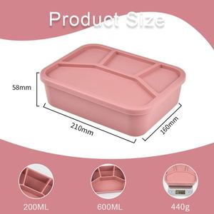 Portable Rectangle Silicone <b>Lunch</b> <b>Box</b> Heatable 3 <b>Compartments</b> Large Capacity Microwave Safe for Picnic Travel - Product Image 5