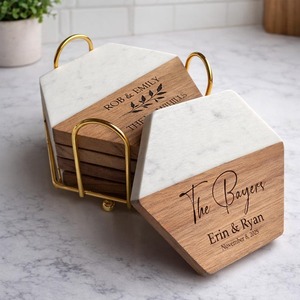 Ensemble de sous-verres personnalisés en marbre et bois avec support doré, sous-verres carrés pour boissons, cadeau gravé sur mesure pour la maison, le mariage, l'hôtel, le bar - Product Image 3
