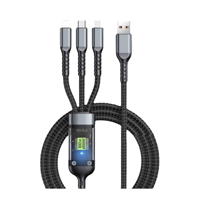 100W Super Fast Charging Type-C 3-in-1 Data Cable with Transparent LED for Computer and Car Use