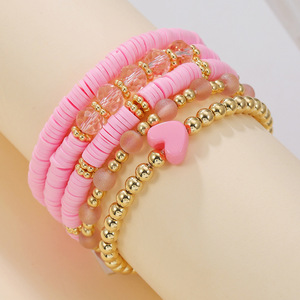 Pink Polymer Clay Heart Shaped <b>Beaded</b> <b>Bracelet</b> Set For Women Party Jewelry 5 Piece Bohemian Style CCB Crystal Beads - Product Image 1