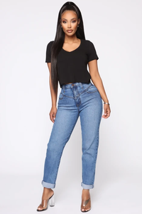 High Waist <strong>Turn</strong> <strong>up</strong> Hem Pants Fashion Washed Mom <strong>Jeans</strong> for Lady Straight Let <strong>Jean</strong> - Product Image 3