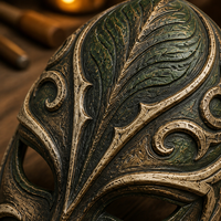 Masque en résine sculpté à la main avec motif de feuille, texture de grain de bois vert, art mural, objet de collection pour cosplay, décoration de fête masquée