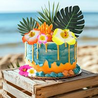 Décorations de gâteaux hawaïens : Fleurs d'été avec feuilles de tortue, fleurs d'hibiscus et feuilles de palmier pour fournitures de fête d'anniversaire sur le thème du Luau