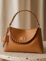 Poignée tissée douce en cuir véritable couche supérieure sac à main en cuir de vachette couleur solide ton marron chaud boucle de verrouillage unique sacs à main pour femmes