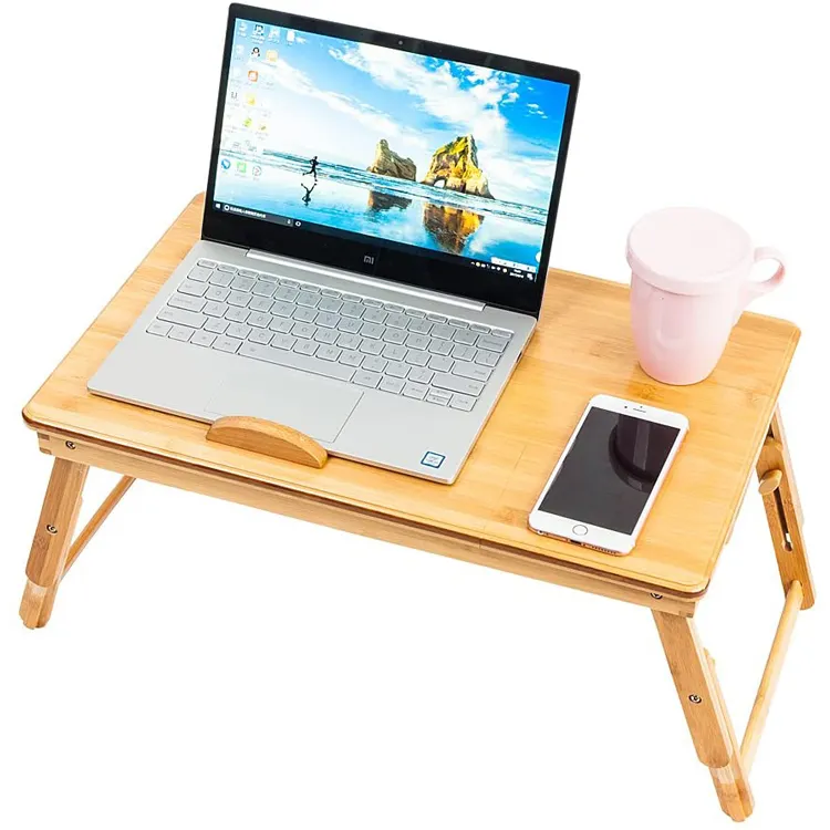 الخيزران كمبيوتر محمول كبير قوائم مكتب منضدة للسرير مع أرجل قابلة للطي ، طاولة الإفطار للأريكة