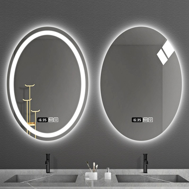 Modern Oval LED Touch Switch Anti-Fog Smart Wall-Mounted Bathroom Vanity Mirror Illuminated Feature Glass Lenses Metal Frame