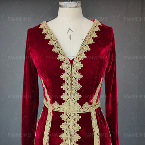 Robes de Soirée Formelles Sirène Rouges FWM en Gros Caftan Marocain Velours Manches Longues Robe de Mariée Musulmane Vestidos Algériens - Product Image 1