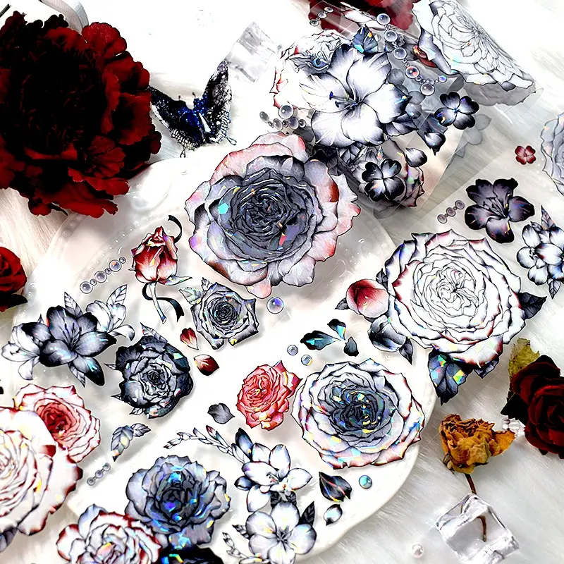 MOQ100 도매 꽃 데코 홀로그램 조개 lridlic 공예 3D PET 테이프 스티커 저널