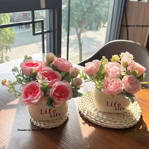 <span class=keywords><strong>Bouquet</strong></span> <span class=keywords><strong>de</strong></span> tournesol <span class=keywords><strong>Rose</strong></span> fleur artificielle Mini plante verte en pot décorations intérieures pour salon Table à manger petite - Product Image 3