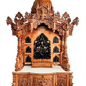 Altar de Oración Espiritual de Madera de Teca Tradicional con Almacenamiento, Estilo ISKCON, Mandir de Madera con Tallado Elaborado para el Hogar, Pooja Mandir London - Product Image 3