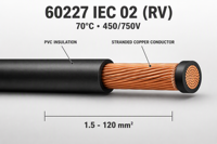Câble flexible isolé en PVC 60227 IEC 02 (RV) 1,5-120 mm² en cuivre toronné 450/750V