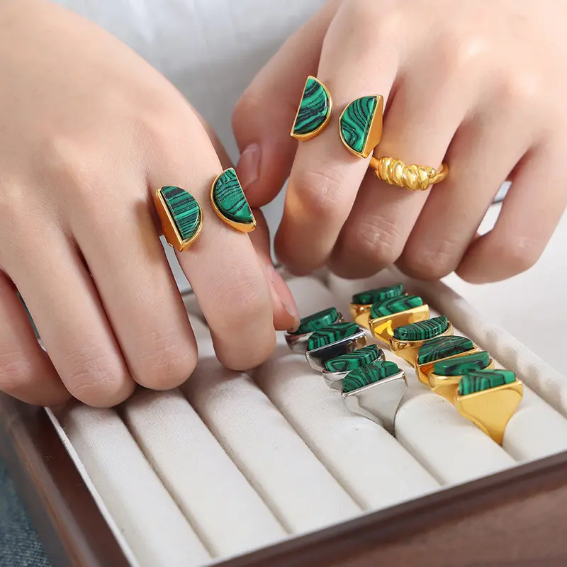 Hoge Kwaliteit Mode Handgemaakte Gesneden Natuurlijke Malachiet Ring Open Verstelbare Roestvrijstalen Designer Ringen Voor Vrouwen