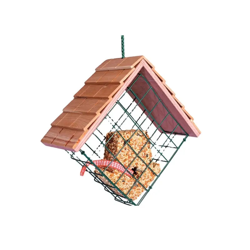 Red Ced Roof Bird Feeder Pabrikan Desain Baru Kayu dengan Kawat Logam Mangkuk Hewan Peliharaan & Pengumpan Penyimpanan Makanan untuk Burung Logo Kustom