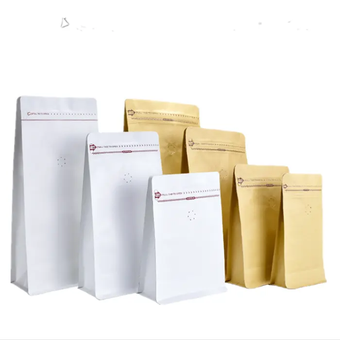 खाद Biodegradable फ्लैट नीचे क्राफ्ट पेपर खाद्य पैकिंग जिपर पाउच कस्टम मुद्रित कॉफी चाय पैकेजिंग बैग के साथ वाल्व