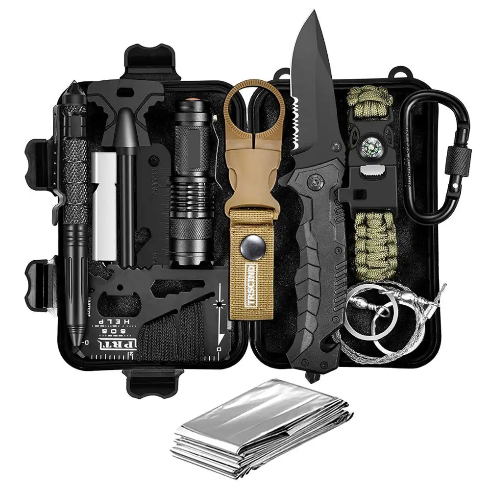 2020 di emergenza campeggio Kit di sopravvivenza 13 in 1-coltello, fuoco di avviamento, coperte, braccialetto per l'escursionismo
