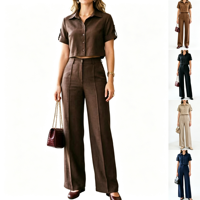 Ensemble 2 pièces pour femme : chemise courte boutonnée à manches courtes et pantalon taille haute à jambes larges – Tenue décontractée et élégante pour le bureau