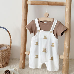 Conjunto de ropa de bebé cómoda de verano de 0 a 18 <span class=keywords><strong>meses</strong></span>, bonita camiseta de Color sólido, mono con estampado de oso de peluche, correa para el hombro, artículo caliente - Product Image 1