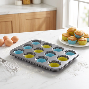 Molde <span class=keywords><strong>para</strong></span> Muffins Antiadherente de Acero al Carbono <span class=keywords><strong>para</strong></span> 12 Unidades con 12 Moldes de Silicona Reutilizables, Juego de Reposterí<span class=keywords><strong>a</strong></span> Premium <span class=keywords><strong>para</strong></span> Cupcakes y Muffins - Product Image 1