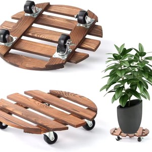 Plateau rond en bois pour plantes avec roulettes, support de fleurs rotatif portable, rangement pour usage intérieur et extérieur - Product Image 1