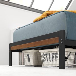 Металлическая платформа Queen Size с деревянным изголовьем, прочные опоры для односпальной кровати - Product Image 4