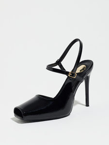 Elegant Black Glossy Patent Slingback High Heels Square Peep <strong>Toe</strong> Cross Strap Arch <strong>Support</strong> Summer Office Business Interview - Product Image 2