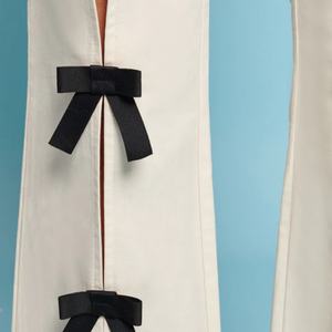 S&L Custom Logo High Waisted <b>Trousers</b> With Bow Trims/ Fashion Women Front Splits <b>Trousers</b> With Ribbon Decoration - Product Image 4