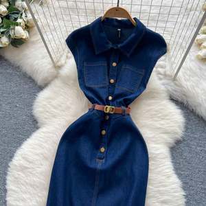 Vestido Midi Tipo Túnica Romana de Verano para Mujer, Sin Mangas, Estilo Imperio, en Mezclilla - Product Image 2