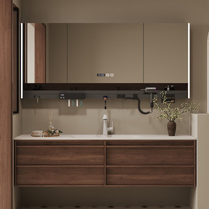 Intelligent heat-bent integrated basin <b>walnut</b> bathroom cabinet storage bathroom wash basin - Product Image 1