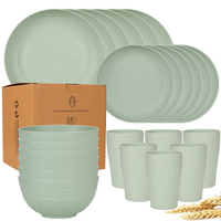 Services de Table 24 Pièces en Paille de Blé Vert Clair, Vaisselle de Cuisine en Plastique Incassable pour 6, Assiettes et Bols Lavables au Lave-Vaisselle