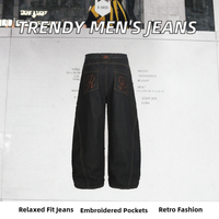 Amerikan yüksek sokak Trendy erkek gevşek uydurma kot Denim geniş bacak pantolon pilili tasarım işlemeli cep kavisli bıçak