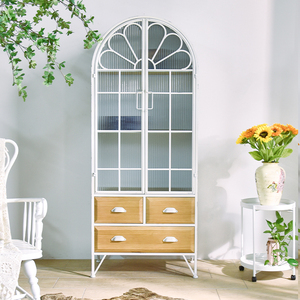 Mueble de Estilo Nórdico para Sala de Estar, Decoración Rústica, Color Blanco, Hierro, Metal, Madera, Arqueado, Retro, Vitrina de Almacenamiento con Puertas de Vidrio - Product Image 1