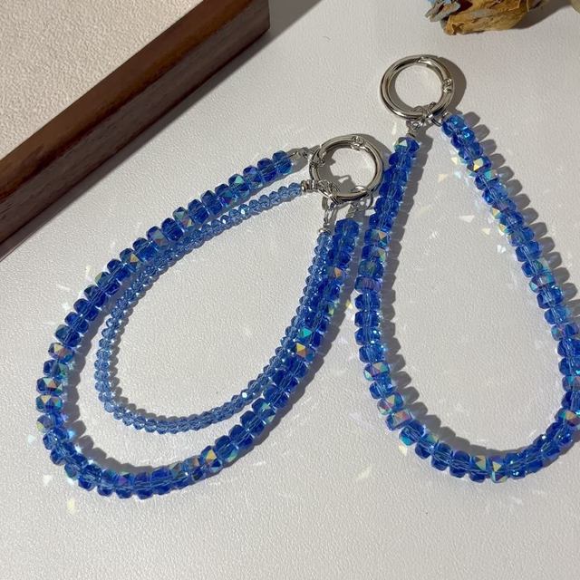 Korean Style Blue Beaded Crystal Keychain Lanyard Beaded Bag Pendant for Keys Phone Backpack Fashion Accessories Wholesale