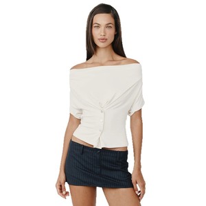 เสื้อยืดผู้หญิง สีพื้น โพลีเอสเตอร์ ผ้าถัก คอระบาย ติดกระดุม ทรงเข้ารูป ช้อปปิ้งรูทิน FDL2040 - Product Image 5