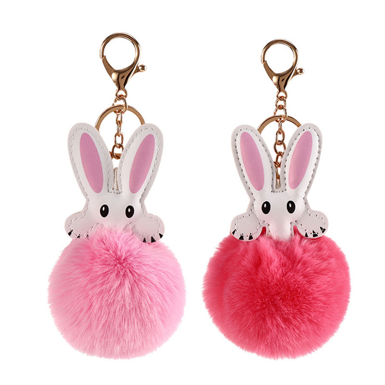 Xinxing Cute Bunny Pompon Keychain Long Ears Bunny Plush Leather Bag Pendant Jewelry Car Accessories Pendant Bunny Keychain