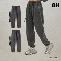 Celana Jogging Pria GHOEM Kualitas Tinggi Unisex Retro Vintage Santai Bahan Tebal Acid Wash Tali Serut