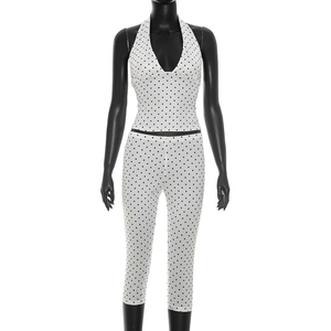 Viviblook D26ST184 Women Summer Outfit <b>Sexy</b> Sleeveless Polka Dot Print Halter Tank Top Tight Cropped Pants Two Piece <b>Set</b> - Product Image 2