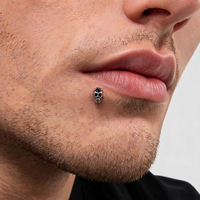 Nouveau Piercing Labret en Acier Chirurgical 316L avec Tête de Crâne Gothique en Pierre Noire, à Dos Plat, pour Lèvre, Hélix et Tragus, 16G