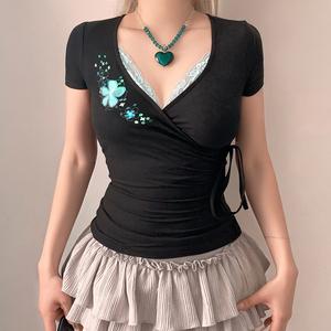 Womens Y2K Side Tie V Neck <b>Sequin</b> Lace Patchwork Slim Fit T Shirt <b>Top</b> Streetwear - Product Image 1