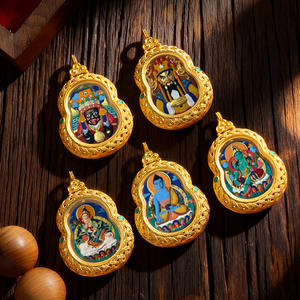 จี้ทองเหลืองลายทังก้าเพ้นท์มือ รูปทรงน้ำเต้า สีเหลืองมงคล สีเขียวทิเบต ซากิ ลัม ห้าพระพิฆเนศ ของตกแต่งบ้านแบบพกพา สไตล์ทิเบต - Product Image 2