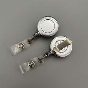 Round silver retractable badge roll with back <b>clip</b> and easy-pull <b>buckle</b>, logo printable keychain, in stock. - Product Image 3