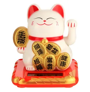 Solar Powered Plastic Lucky Cat Maneki Neko Shaking Arm Beckoning Fortune Cat