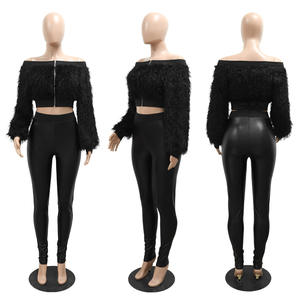 ZHEZHE élégant similicuir costume <span class=keywords><strong>legging</strong></span> et haut court tenues plume hors de l'épaule veste 2 pièces ensemble - Product Image 6