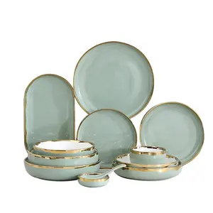 china supplier porcelain dinner set light green design dining table sets party dinnerware with gold rim