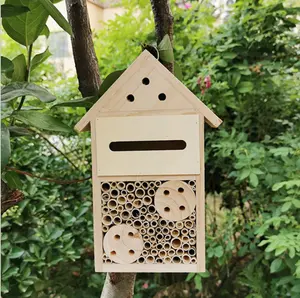 Wooden Bee House Outdoor Handmade Wood Garden Attracts Insects House Children Observe Bug Garden Decorate Solid Wood House