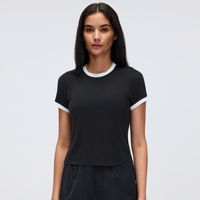 Top Deportivo Corto Transpirable con Ribete en Contraste, Cuello Redondo, Manga Corta, para Correr, Gimnasio, Entrenamiento, Ropa Deportiva al por Mayor, Top de Yoga para Mujer